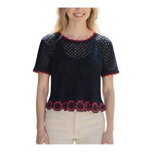 27 Miles Malibu Michele Short Sleeve Knit Top Crochet Flower Hem Small Navy